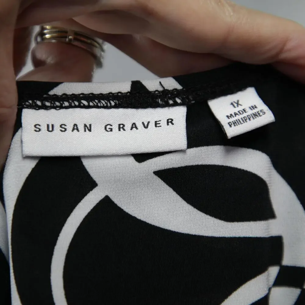 Susan Graver Shirt Womens 1X Black White Geo Print Scoop Neck Dolman Tunic Top